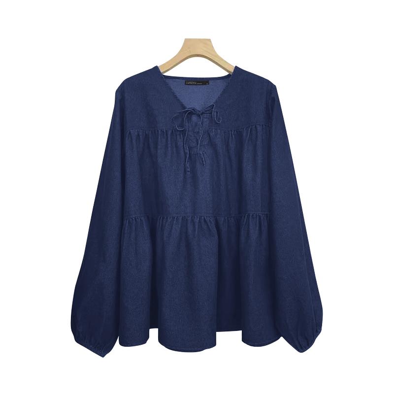 ZANZEA Женская повседневная свободная блузка из синего денима с V-образным вырезом и длинным рукавом