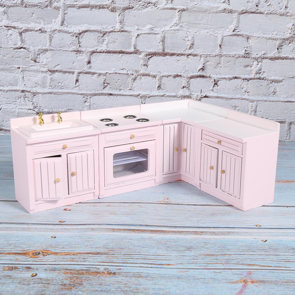 1 : 12 Mini Wooden Dollhouse Integral Kitchen Furniture Miniature Handcraft House PinkKitchen Unit
