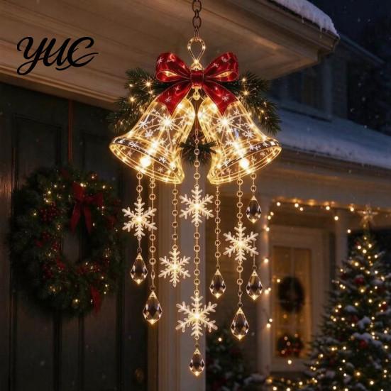 Christmas Hanging Decorations Bell Chandelier, Lighted Deer Decoration with Cascading LED Strands, Snowflake Indoor Ornaments Sphere Lantern