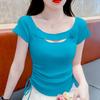 Уникальный дизайн Женский летний топ с коротким рукавом на кулиске, тонкая футболка с неровным низом, вязаный свитер