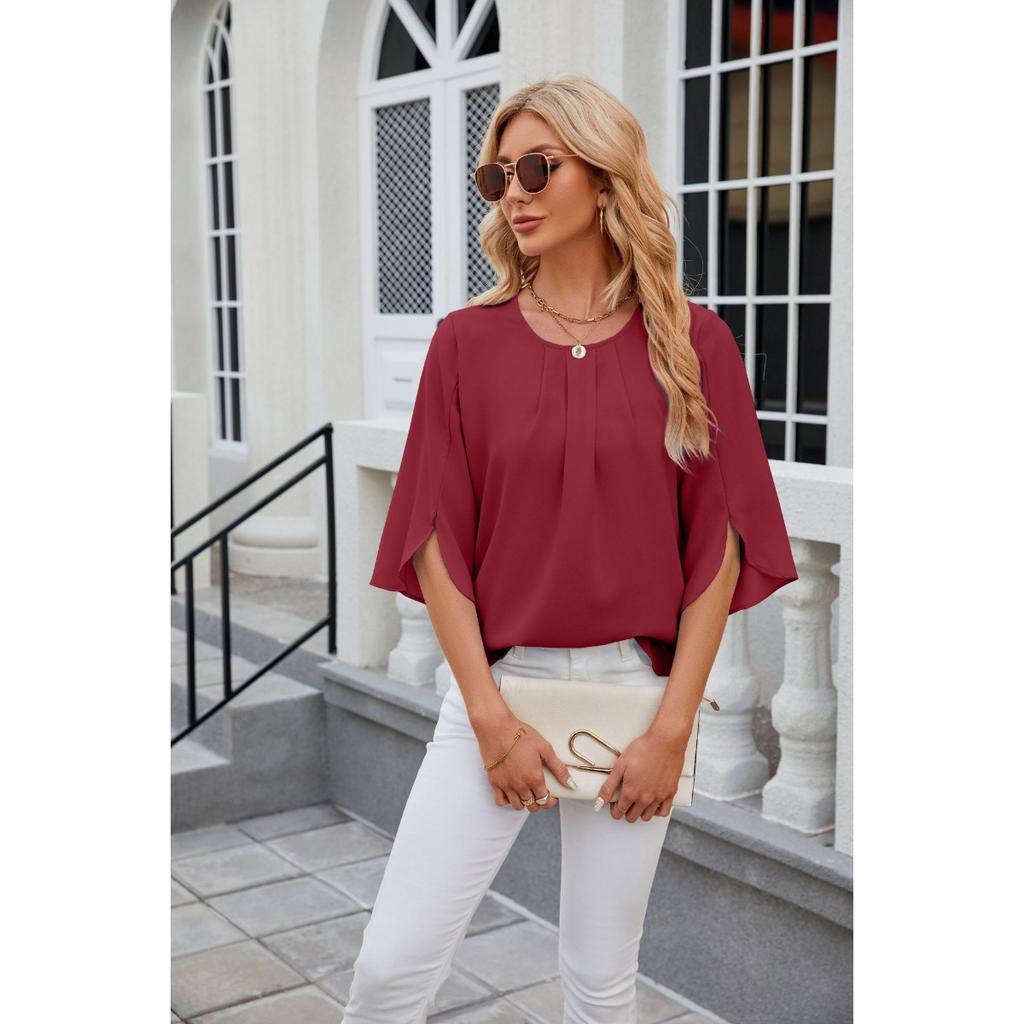 Solid Colour Round Neck Five-quarter Sleeve Short Sleeve,loose Chiffon Shirt Tops for Women