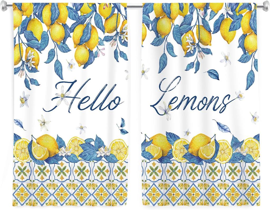 Rustic Lemon Kitchen Curta, Farmhouse Yellow Fruit Drapes With Blue Leaves, Rod Pocket Retro Summer Window Panels
