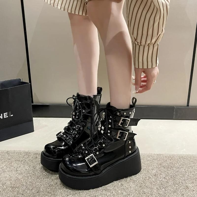 Модные ботинки в панк-стиле на толстой подошве, мотоботы, женские туфли на платформе в готическом стиле, с круглым носком, на высоком каблуке, ботильоны до щиколотки, резиновая подошва