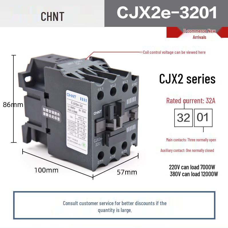 Chint Three-Phase AC Contactor CJX2 Series, 220V/380V, Models: 0910, 1210, 1810, 2510