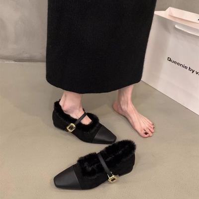 Женские французские мокасины Мэри Джейн на низком каблуке с плюшем - Осенне-зимние теплые хлопковые модные туфли