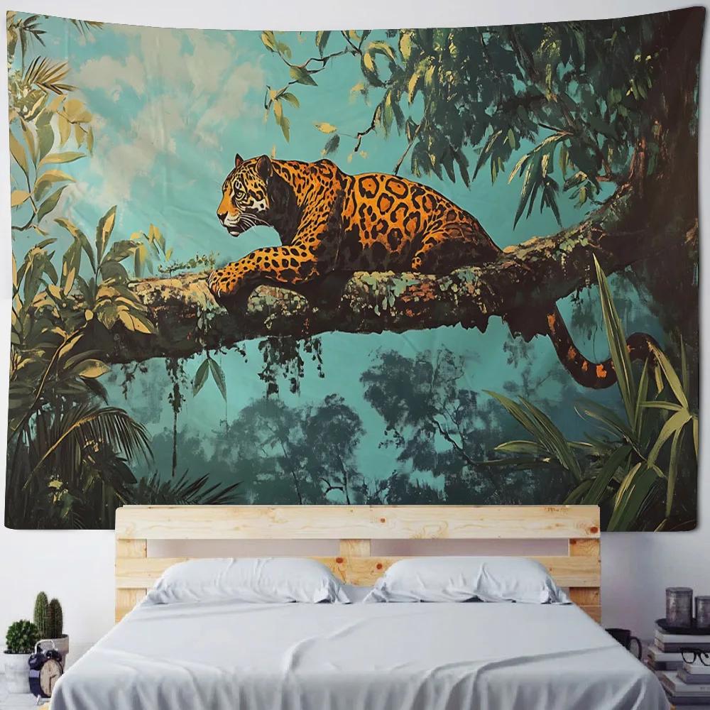 Black leopard jungle tapestry, animal forest wall hanging cloth, exotic landscape wall art for home dormitory decoration