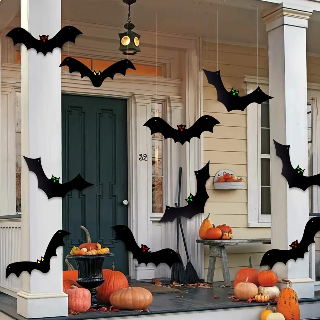 12Pcs Halloween Hanging Bat Decorations - Plastic Flying Bats with Light-Up Eyes, Suitable for Outdoor Front Door Yard Tre