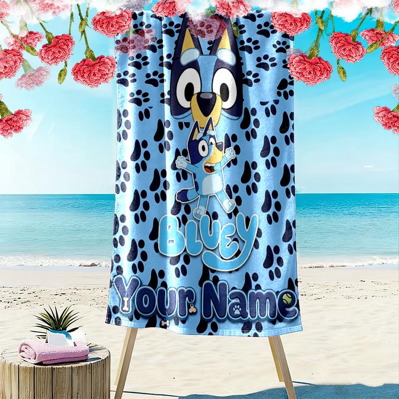 Name Custom Bluey Cartoon Print Beach Towel, Large Soft Quick Dry Towel for Beach Camping Swimming
