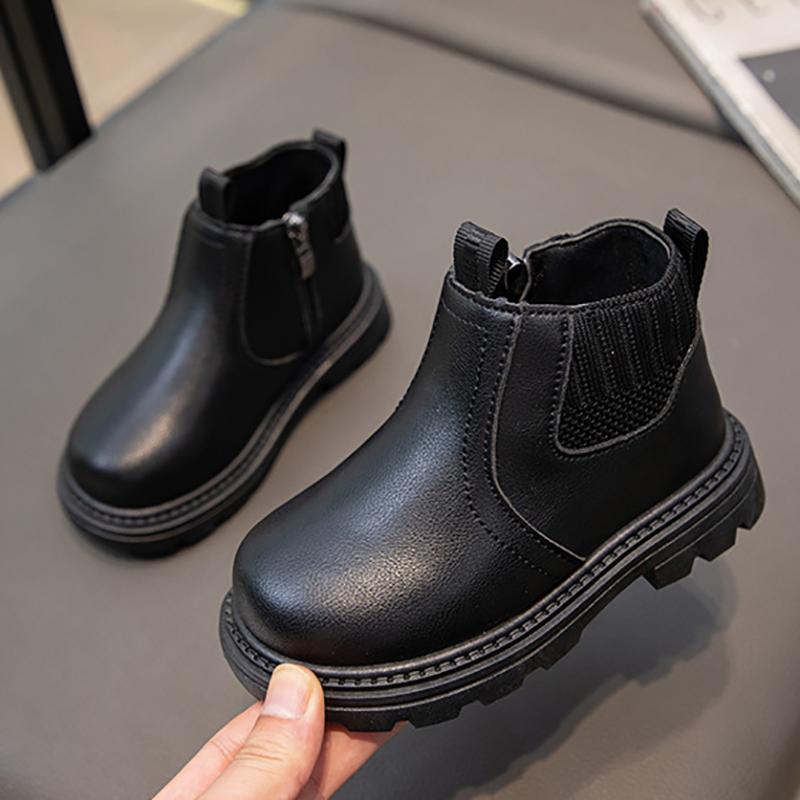 Модные короткие ботинки для мальчиков и девочек, нескользящие ботинки в британском стиле, детские ботинки с боковой молнией, кожаные ботинки с противоскользящим покрытием