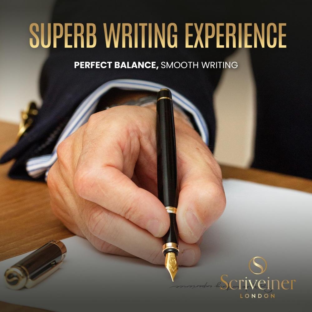 Black Lacquer Fountain Pen by Scriveiner. - Luxury Fountain Pen with 24K Gold Finish of Attractive Beauty, Schmidt 18K Gold Plated Nib (wide), Elegant