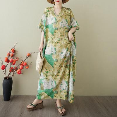 2025 Летнее платье женское большого размера винтажное длинное повседневное свободное базовое принтованное платье с V-образным вырезом макси