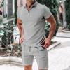 Summer Autumn Men's Polo Neck Waffle Shorts Suit Casual T Shirt Sports Short Sleeve Two-piece Set Trendy Brand