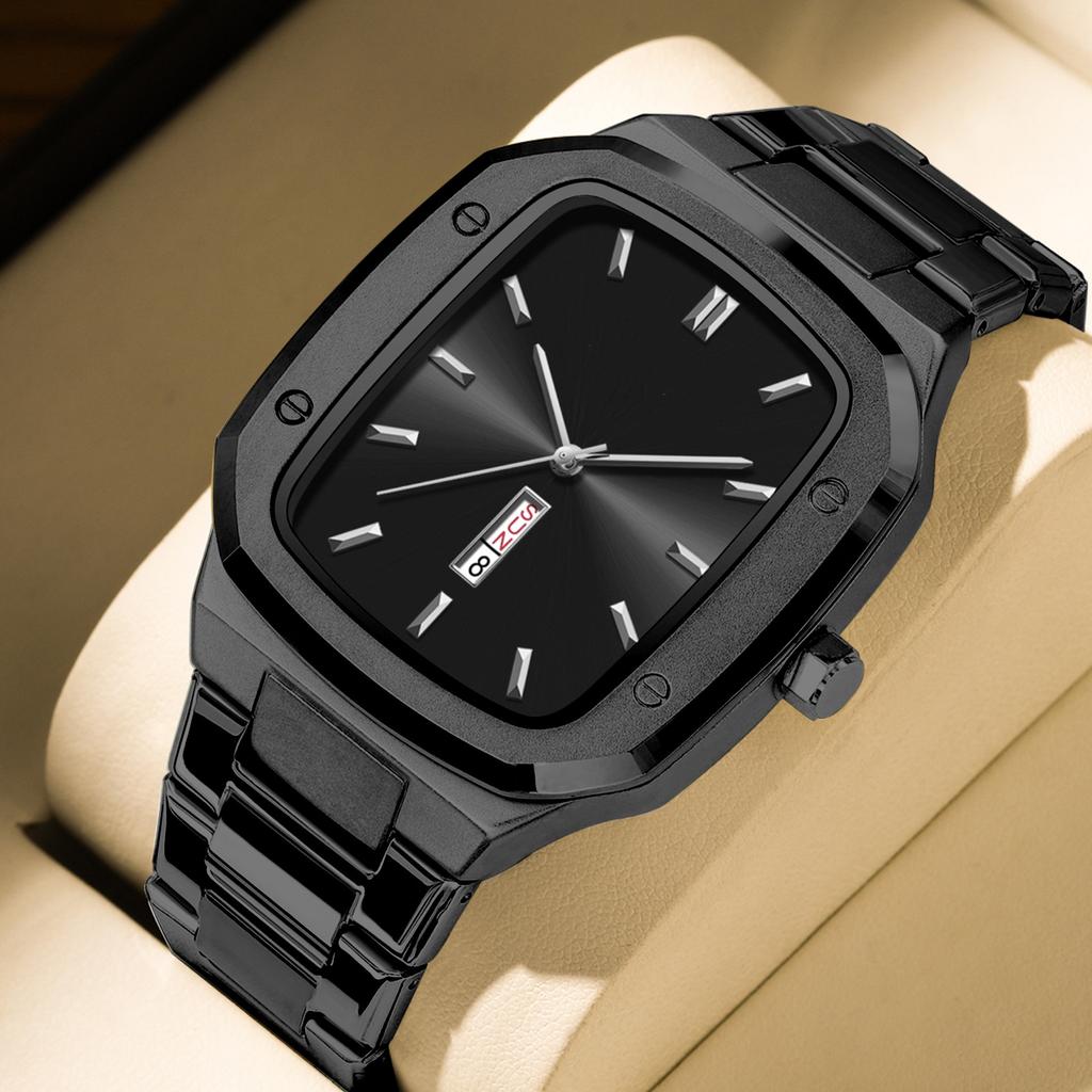 Men Square Stainless Steel Strap Watch Quartz Week Calendar Simulated Business Sports Wristwatch