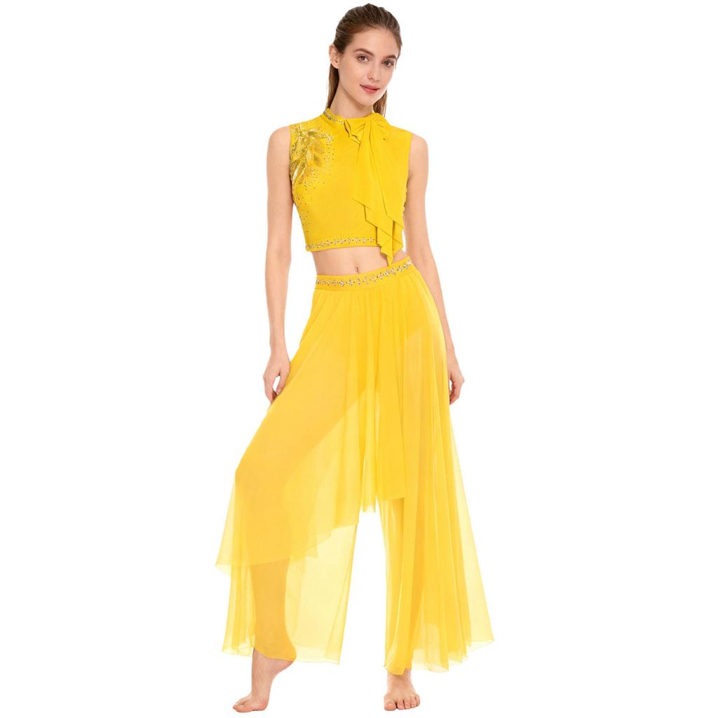 Женский лирический танцевальный костюм с пайетками, вышивкой, бантом, без рукавов, с вырезом на спине, укороченный топ, встроенные трусы, брюки с широкими штанинами