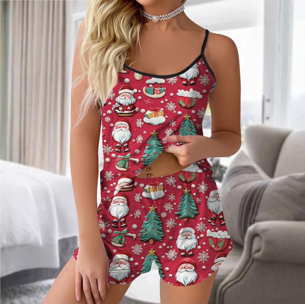 Ladies Fashion Casual Sleeveless Top Shorts Christmas Printed Pajama Set