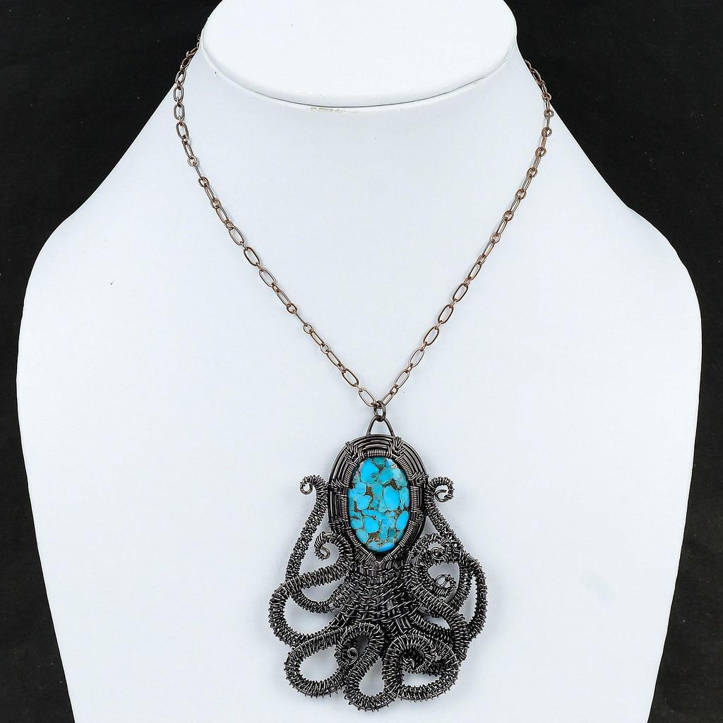 Медный голубой бирюзовый кулон, медная проволока, обернутая кулоном, осьминогом, драгоценным камнем, медные украшения ручной работы, кулон с камнем по дате рождения, подарок для женщин