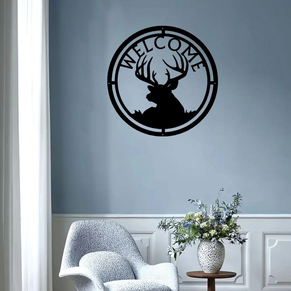 New Deer Buck Head, Deer Family Elk Head Welcome Sign - 12.5" Round Metal Wall Art for Rustic Home Décor and Outdoor Spaces