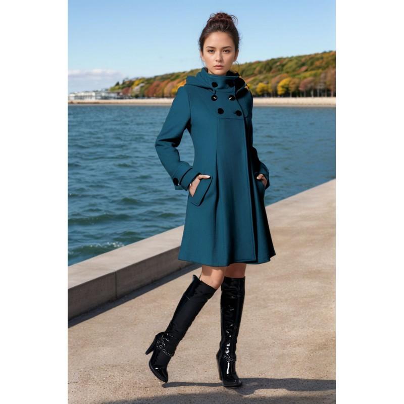 Womens Mid-Length Hooded Wool Blend Coat Double-Breasted Overcoat Commute