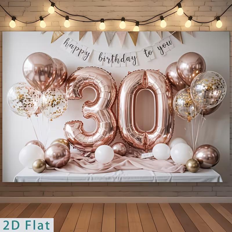2D Фотофон для 30-летия Розовое Золото Шары и Баннер Фон для Вечеринки