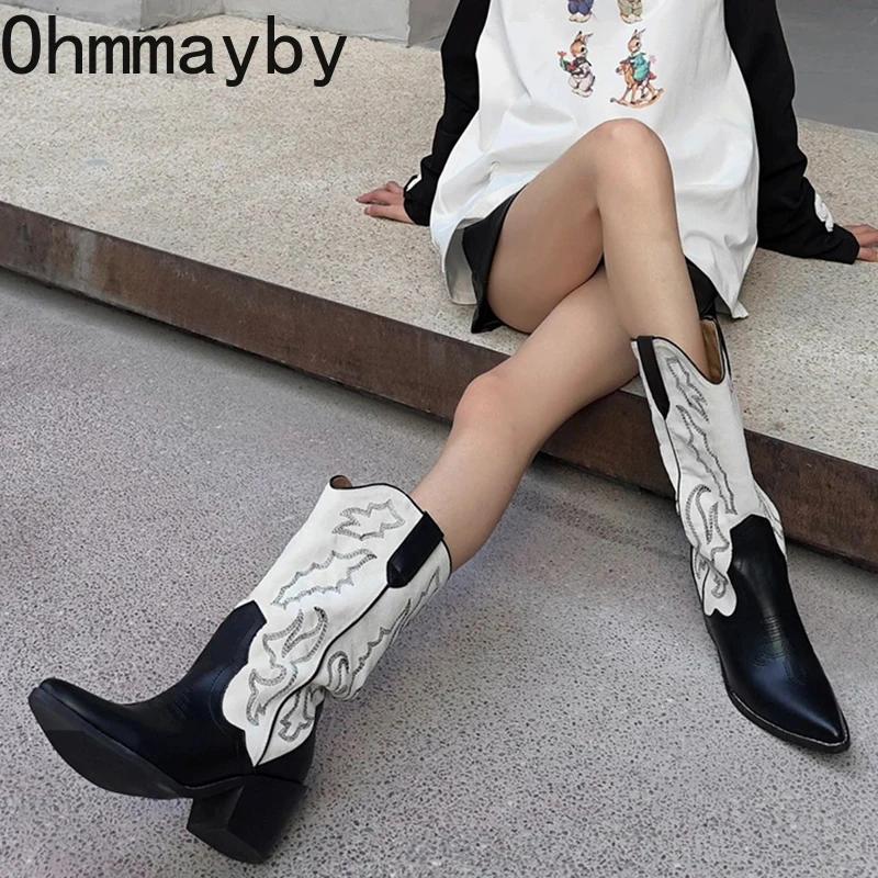 Мода Винтажные женские сапоги в стиле ковбойши Модные туфли с острым носком и вышивкой Осень-зима Толстый каблук Дамы Длинные сапоги рыцаря