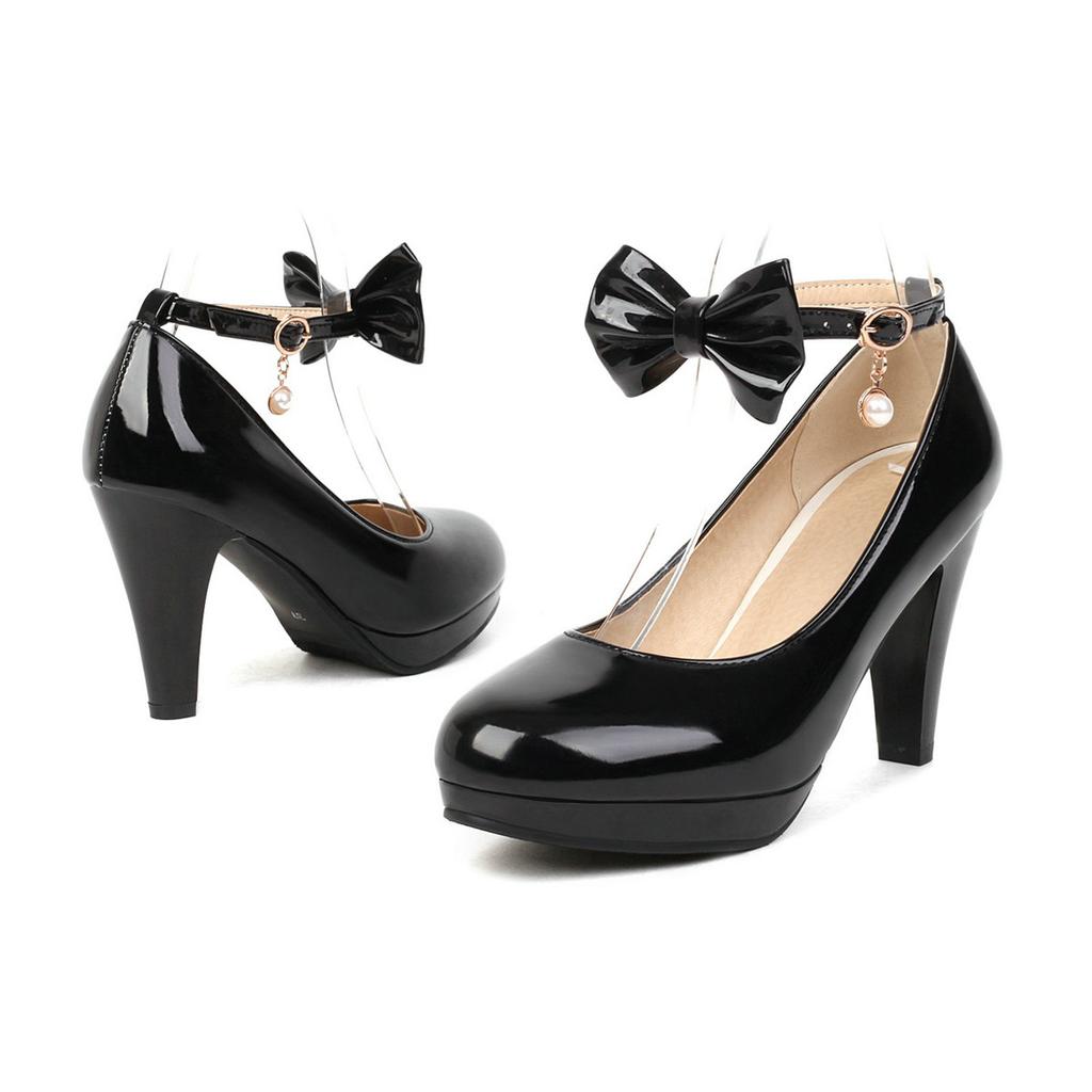 Women Ankle Strap Spike High Heels Bow Platform Round Toe Pumps Glossy Patent Leather Summer Autumn Sweet Lolita Shoes