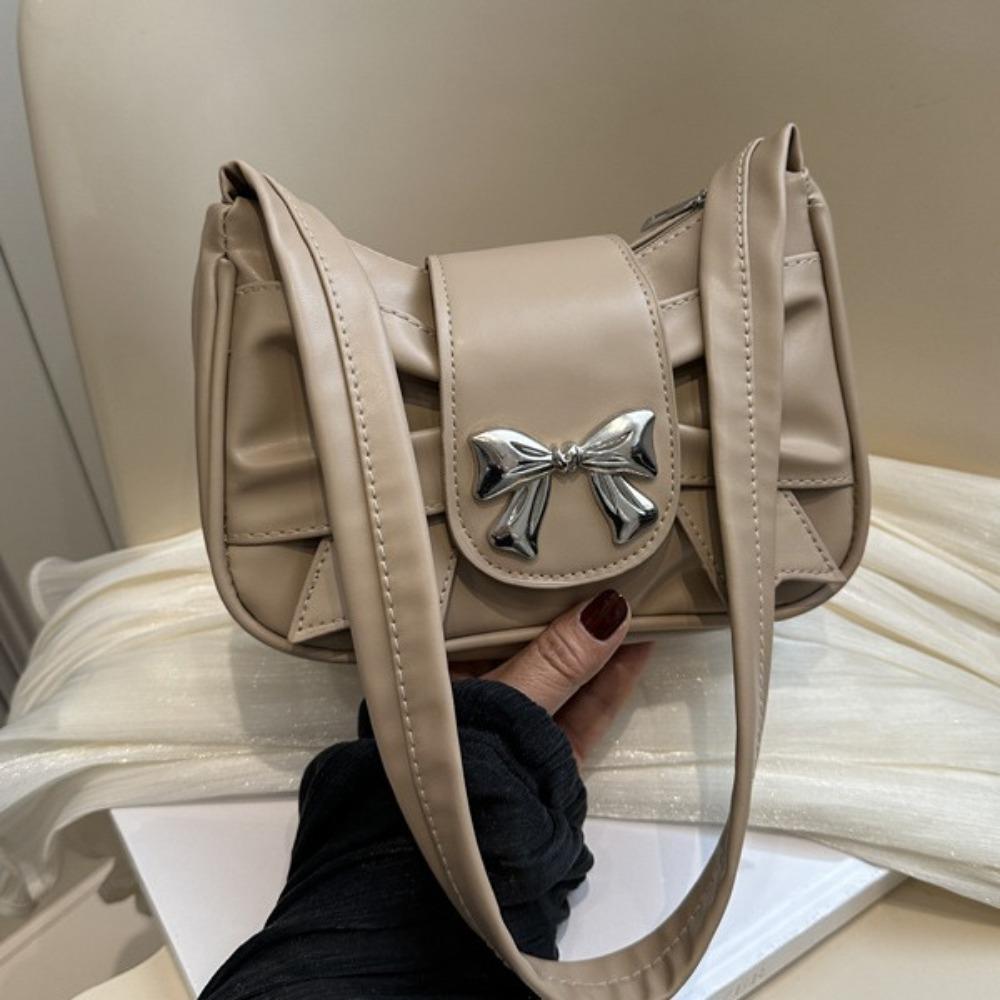 PU Leather Square Pleated Handbag Underarm Bow Armpit Bag Fashion Bowknot Shoulder Bag Work