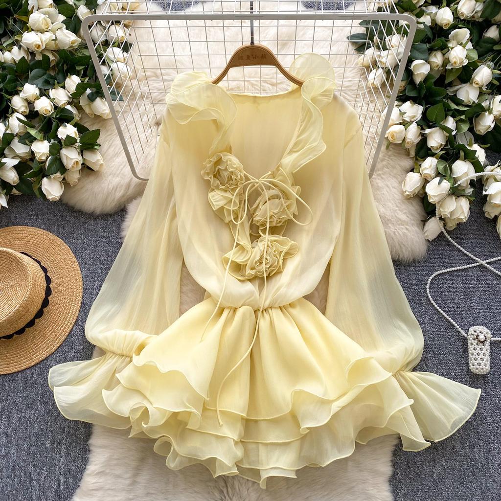 Sweet Pink 3D Floral Beach Short Dress Female Long Sleeves Lace Up Ruffle Chiffon Cake Sundress Sheer Sexy Vintage Bohemian Dress