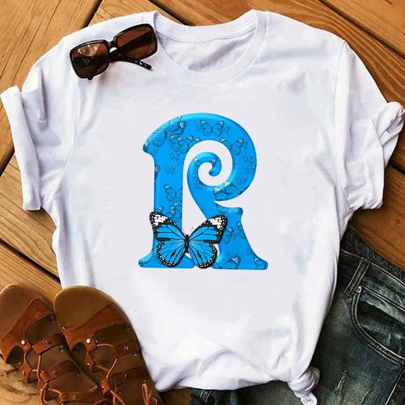26 English Letters Butterfly Print Tshirt Short Sleeve Women Tops Graphic Harajuku Harajuku Sleeve Casual Aesthetic Clothes