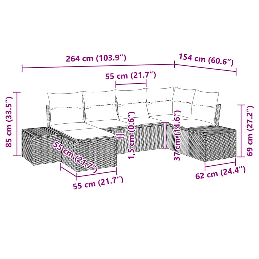 Garden Sofa Set with Cushions 6 pcs Black and Cream Poly Rattan