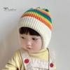 Детская зимняя шапка в полоску радужного цвета вязаная толстая теплая эластичная защита ушей унисекс мягкая теплая ветрозащитная детская шапка-бини