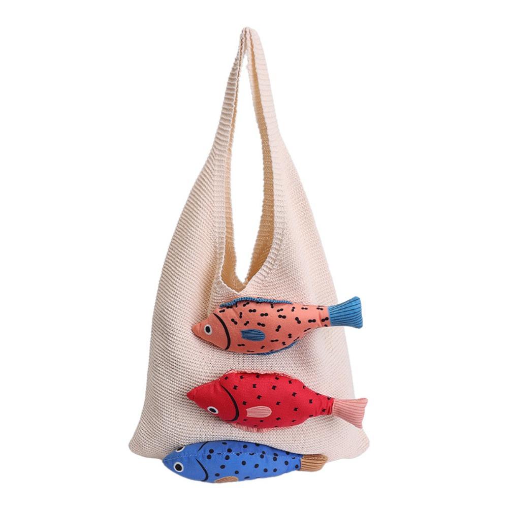 Crochet Weave Knitted Bag Cotton Beach Bag Trendy Fish Shoulder Bag Tote Bag