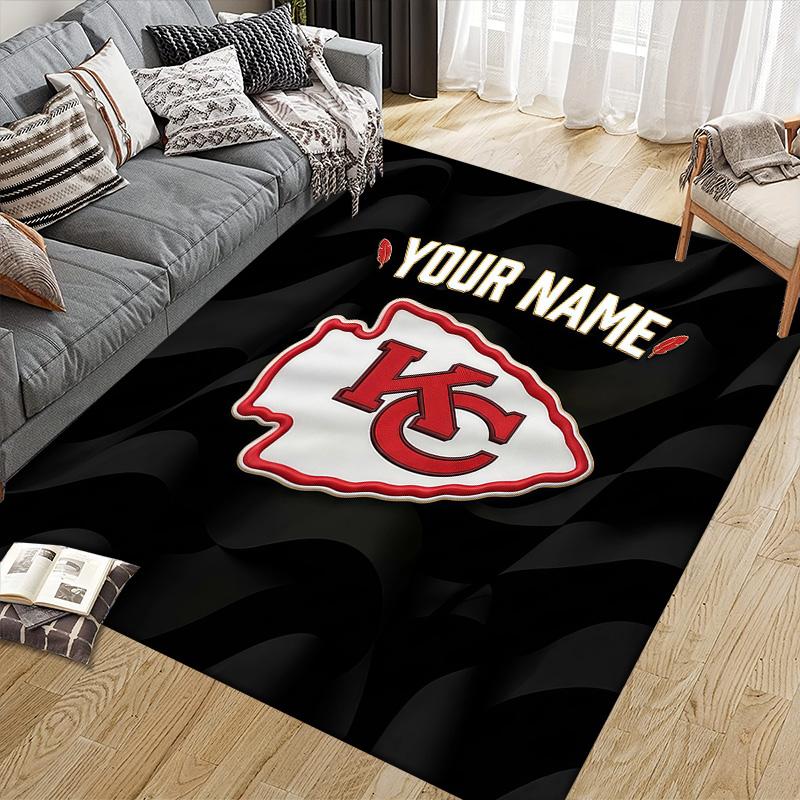 Custom Name Kansas City Chiefs Flannel Pattern Square Carpet,Area Rug,Carpet Rug for Living Room Bedroom Sofa Playroom Decor,Non-slip Floor Mat