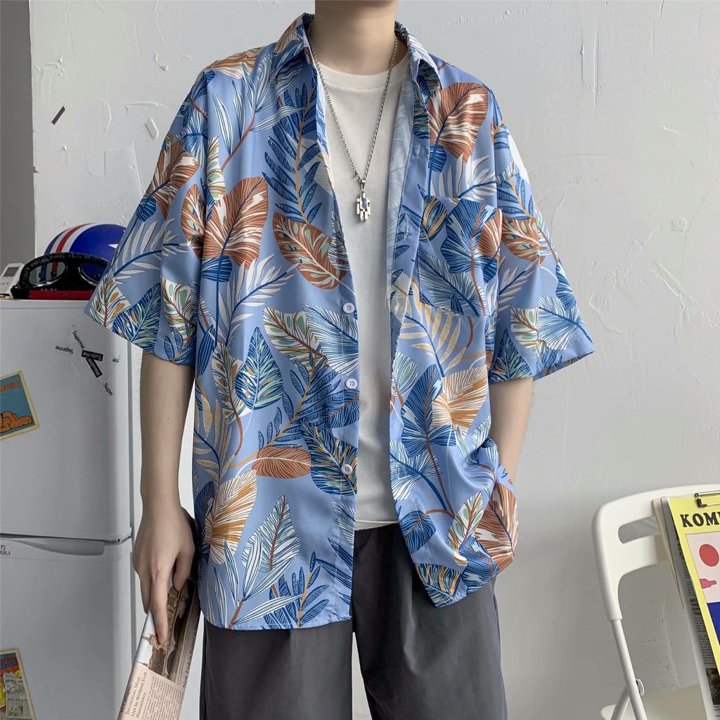 Hawaiian Men's Casual Flower Shirt Hong Kong Style Retro Beach Shirt Floral Couple Flower Shirt Short Sleeve Men