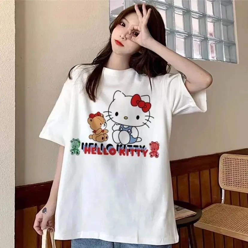 Кавайные Топы Hello Kitty Y2K Корея Хлопок Аниме Милые Летние Свободные Женские Парные Мода Свободная Удобная Хлопковая Футболка Топы