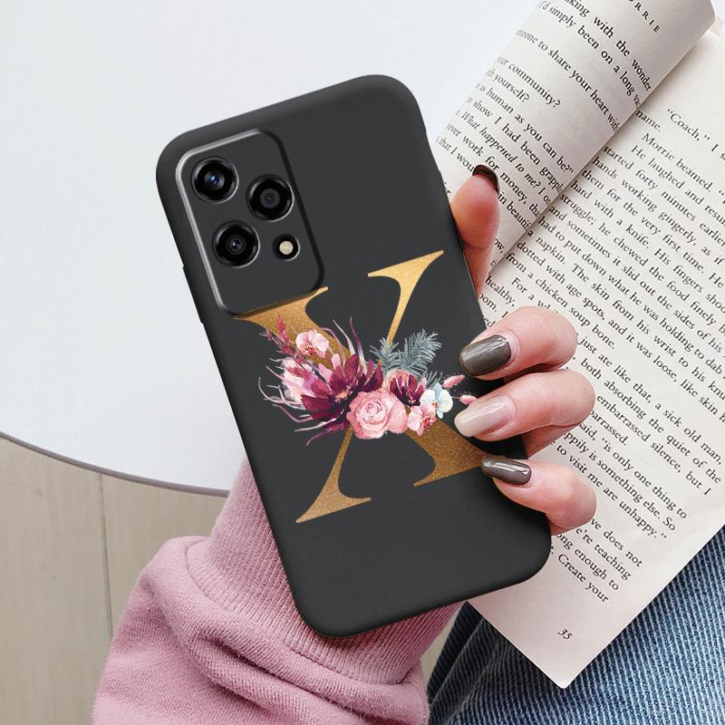 Золотой Чехол-Буквы Для Honor 200 Pro Lite Умный Черный Чехол Мягкая Крышка Для Honor 200Lite Защитный Ударопрочный Funda Розовый Цветок