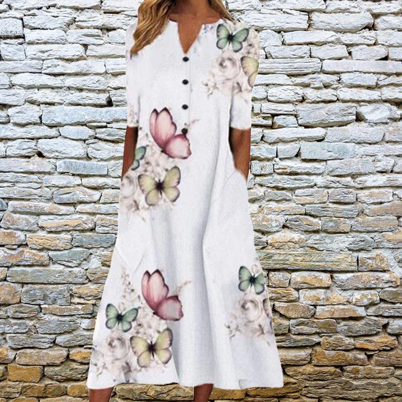 2025 Весна/Лето Новое Платье С Принтом Карман V-образный Вырез Длинное Платье Свободное Повседневное Платье Модная Женская Одежда