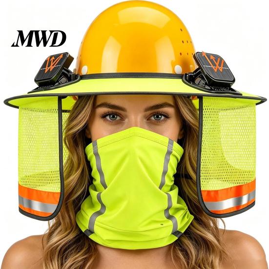 Breathable Helmet Neck Shield Hat with Fan, Ventilation Visor Mesh Design, Full Brim Sun Protection Guard for Construction Outdoor Work Hiking Cycling