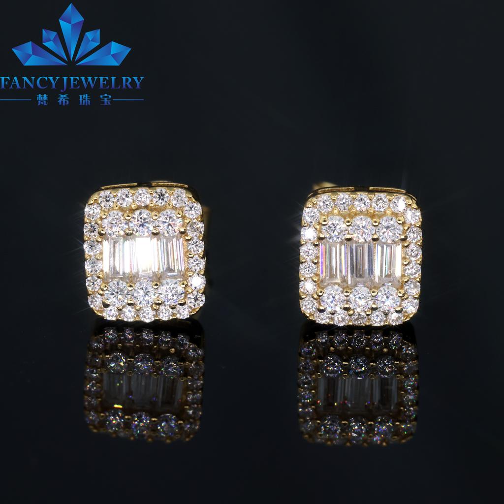 925 Silver Jewelry Mens Iced Out Earrings 14k White Gold Hiphop Screwback Cushion Cluster VVS Moissanite Stud Earrings
