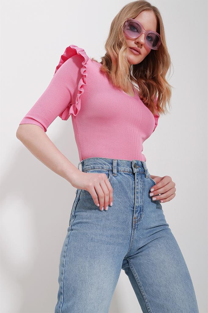 Women's Blouse New Season Fashion Black V-Neck Sleeves Ruffle Knitwear Blouse