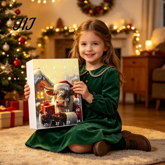 Christmas Tree Pendant Decoration Set Advent Calendar, 24 Day Countdown Box with Highland Cow Creative Souvenir for Family Acrylic Pendants,