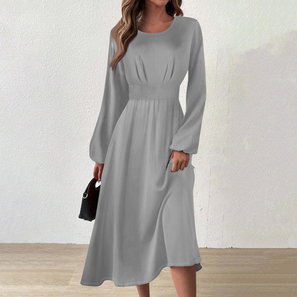 Women's Autumn And Winter Casual Fashion Round Neck Long Sleeve Solid Color Long Dress