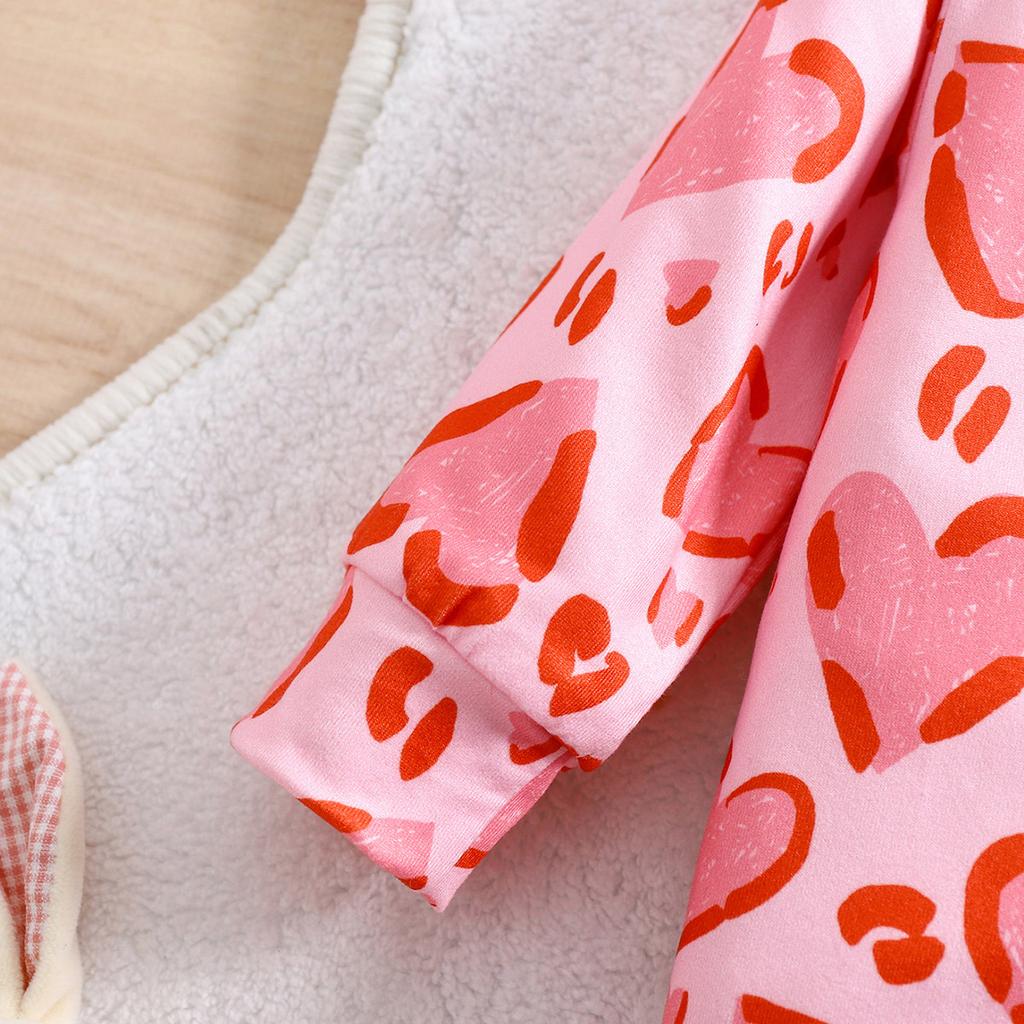 1-9 Months Baby Girl Pink Heart Shape Leopard Full Print Romper Casual Long Sleeve Jumpsuit