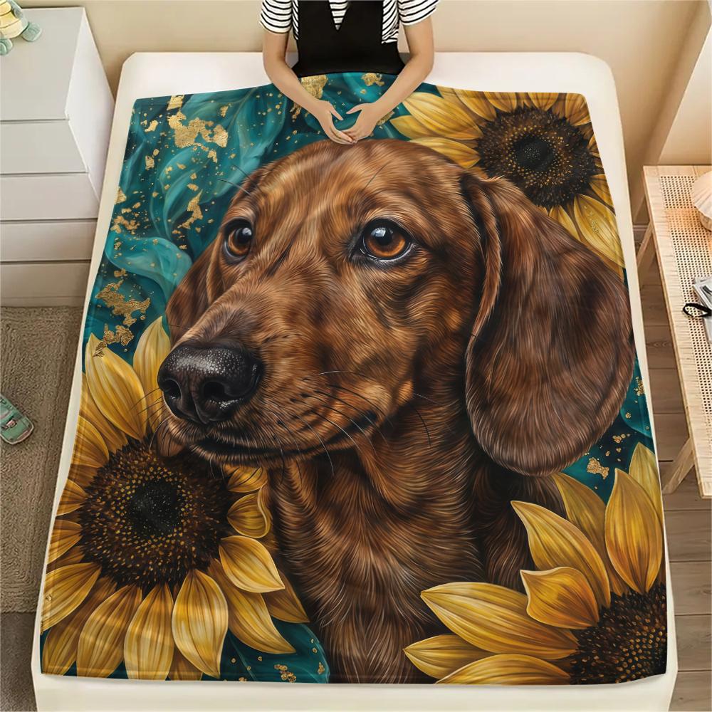 Sunflowers and puppies Print Flannel Blanket,High quality Comfortable for All Seasons,Home Decor,Warmth and Comfort,Perfect for Christmas Gifts