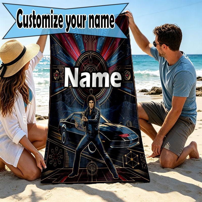 Custom Name Personalized Knight Rider Print Beach Towel, for Trip Camping Beach Party Home Decor, Birthday Gift for Family & Friends