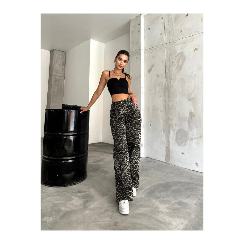 Women's Leopard Patterned High Waist Wide Leg Lycra Palazzo Pants