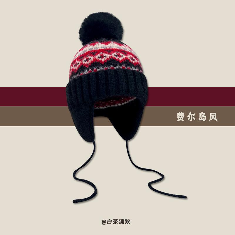 Fair Island wind jacquard ball wool hat women's new casual versatile student ear protection Lei Feng hat