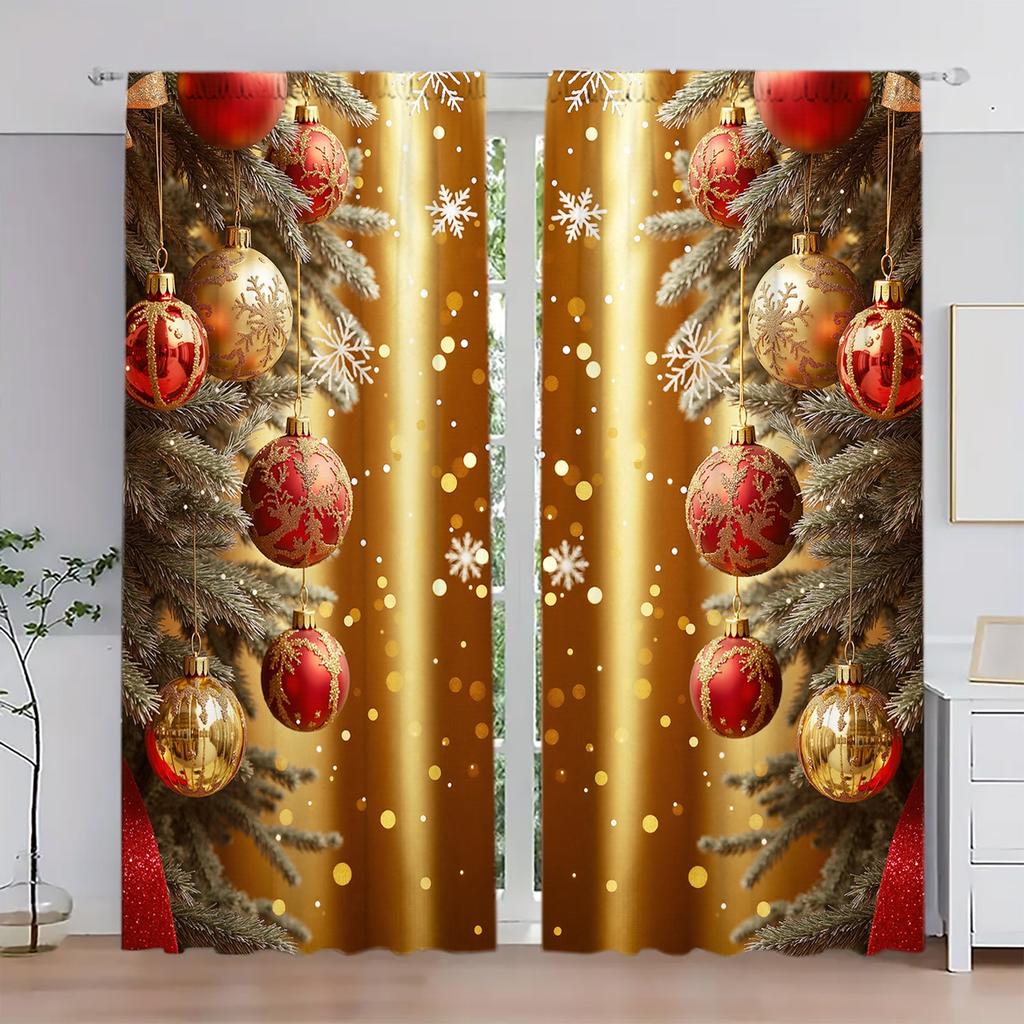 2pcs Christmas Ball Printed Curtain for Christmas Home Decor - Rod Pocket Window Treatment for Bedroom,Office,Kitchen