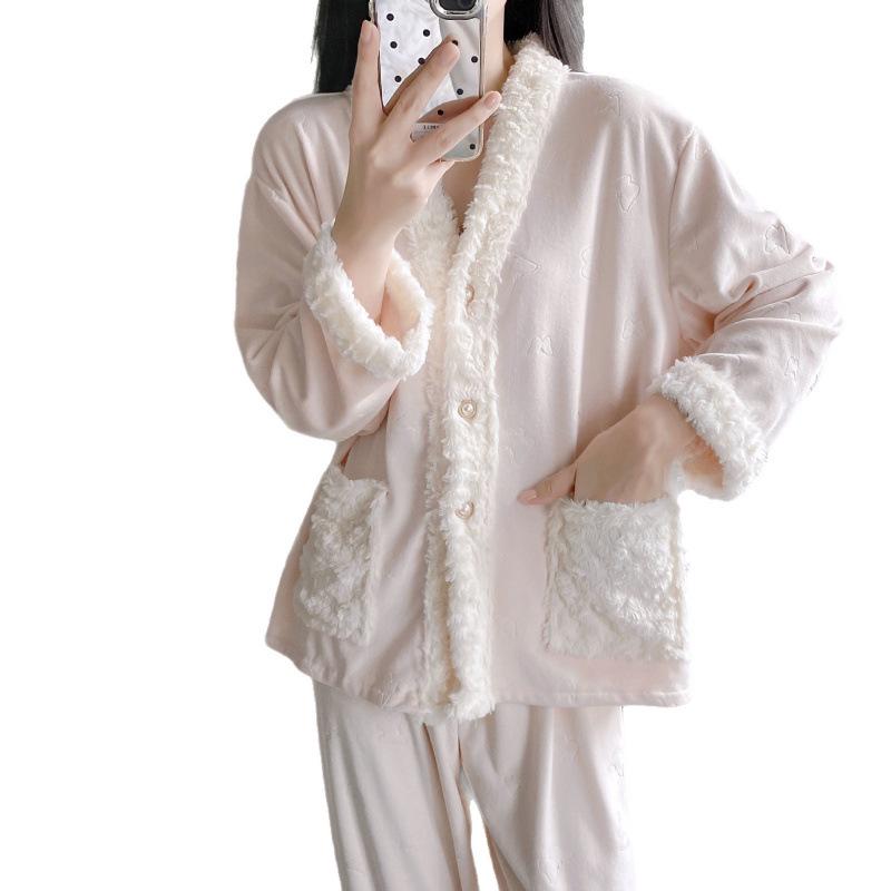 Женский пижамный комплект из розового флиса - Лонгслив и брюки, осенне-зимний стиль