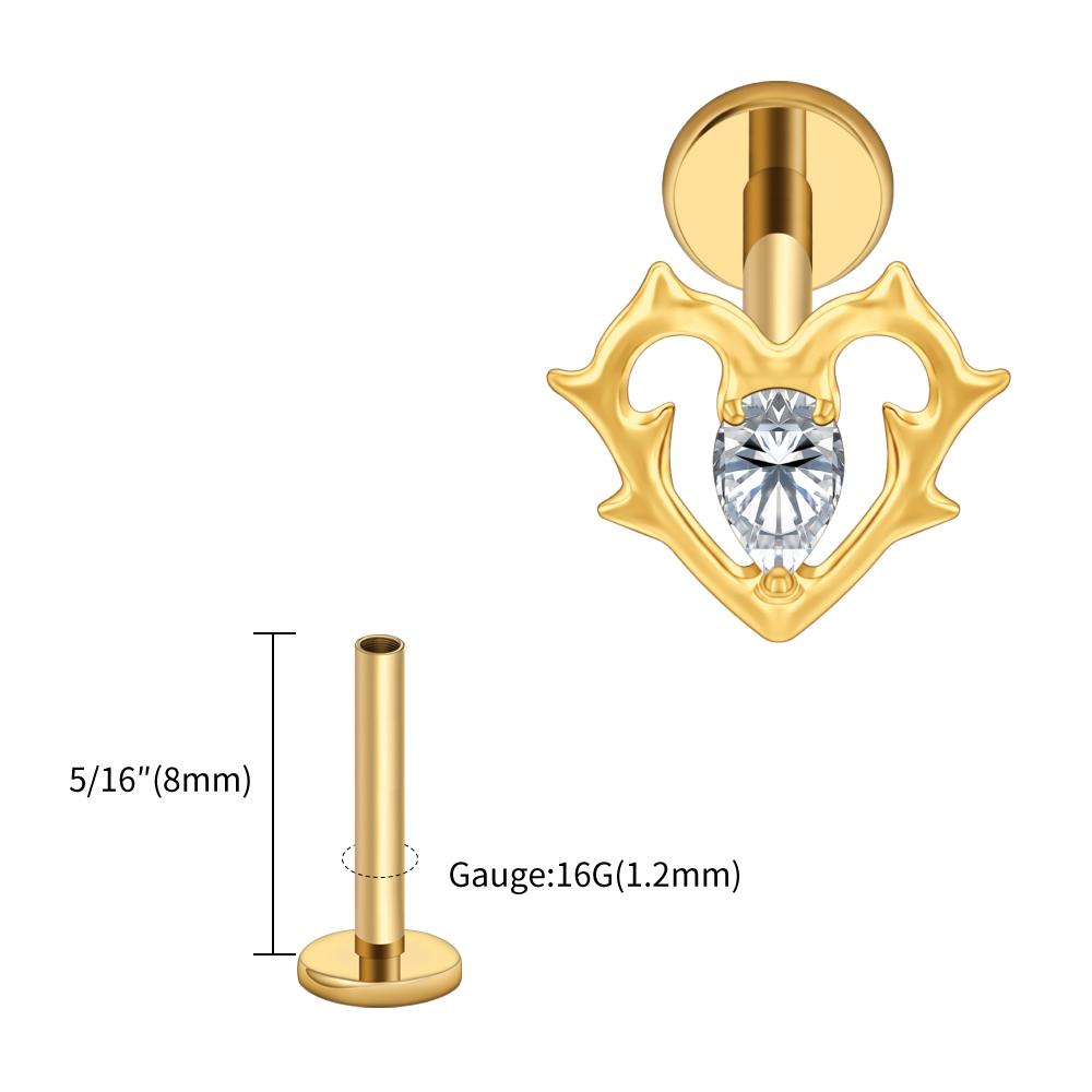 Правая Серьга-пирсинг в хрящ уха из титана ASTM F136, полая, в форме сердца, 16G, с подвеской в виде слезы, цирконий, на винтовом замке, для пирсинга козелка, лабрет