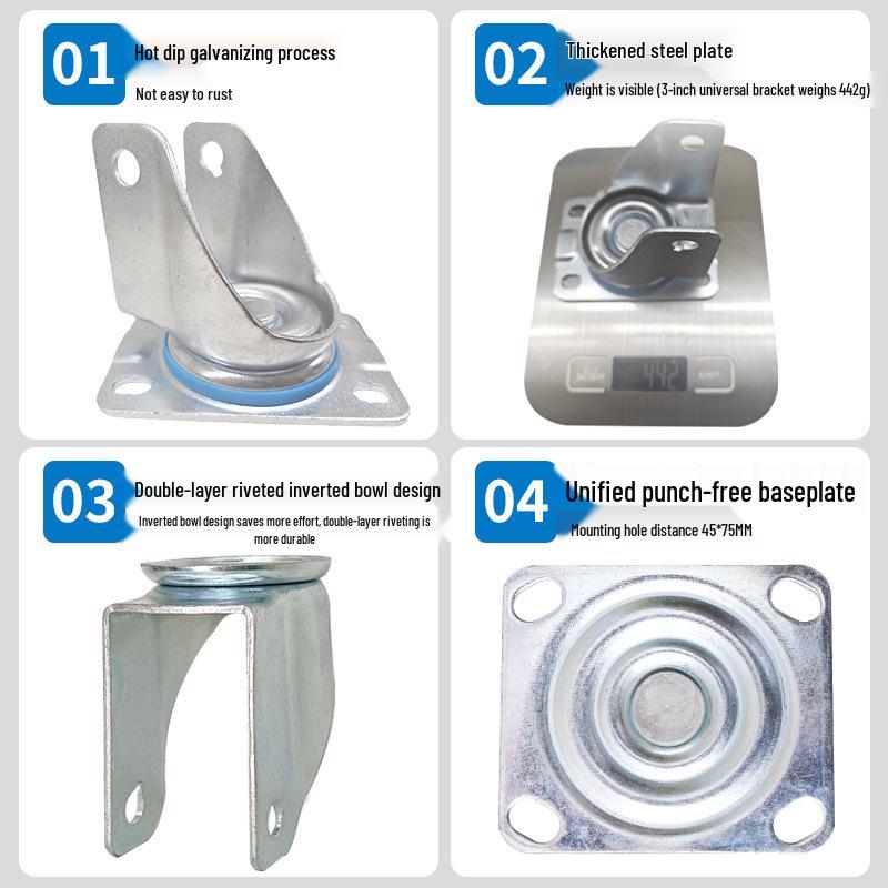 Medium Swivel Caster Bracket with Brake, Thickened Base, 3", 4", 5" Fixed Wheel, Threaded Stem.